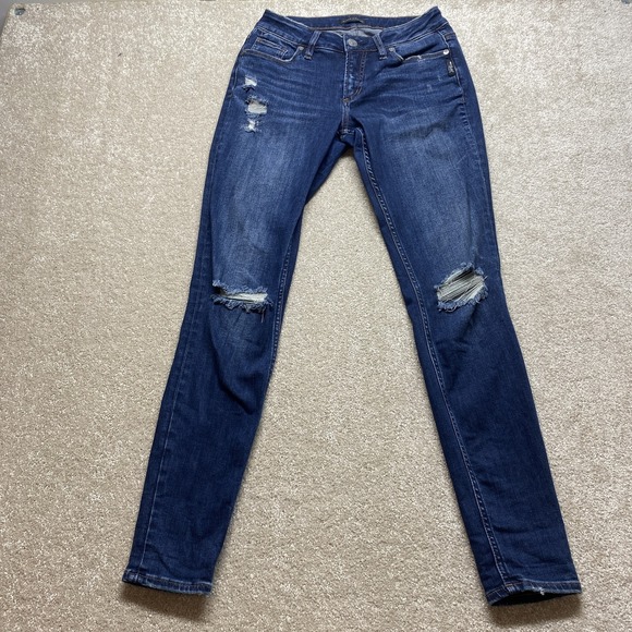 Silver Jeans Suki Skinny Jeans Womens 28 Blue Distressed Stretch Denim 31 Inseam - Picture 1 of 11